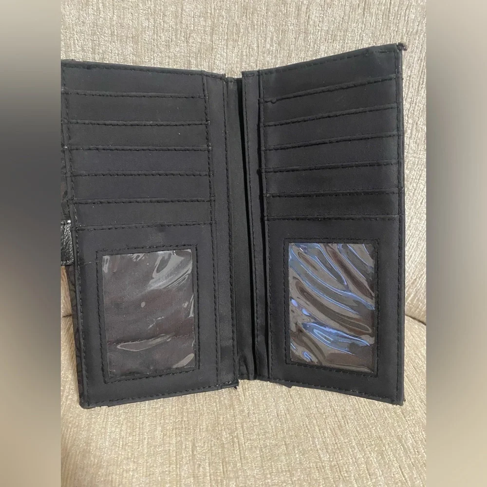 BLACK CLOTH WALLET WITH LEATHER TRIM, SILVER BUCKLE